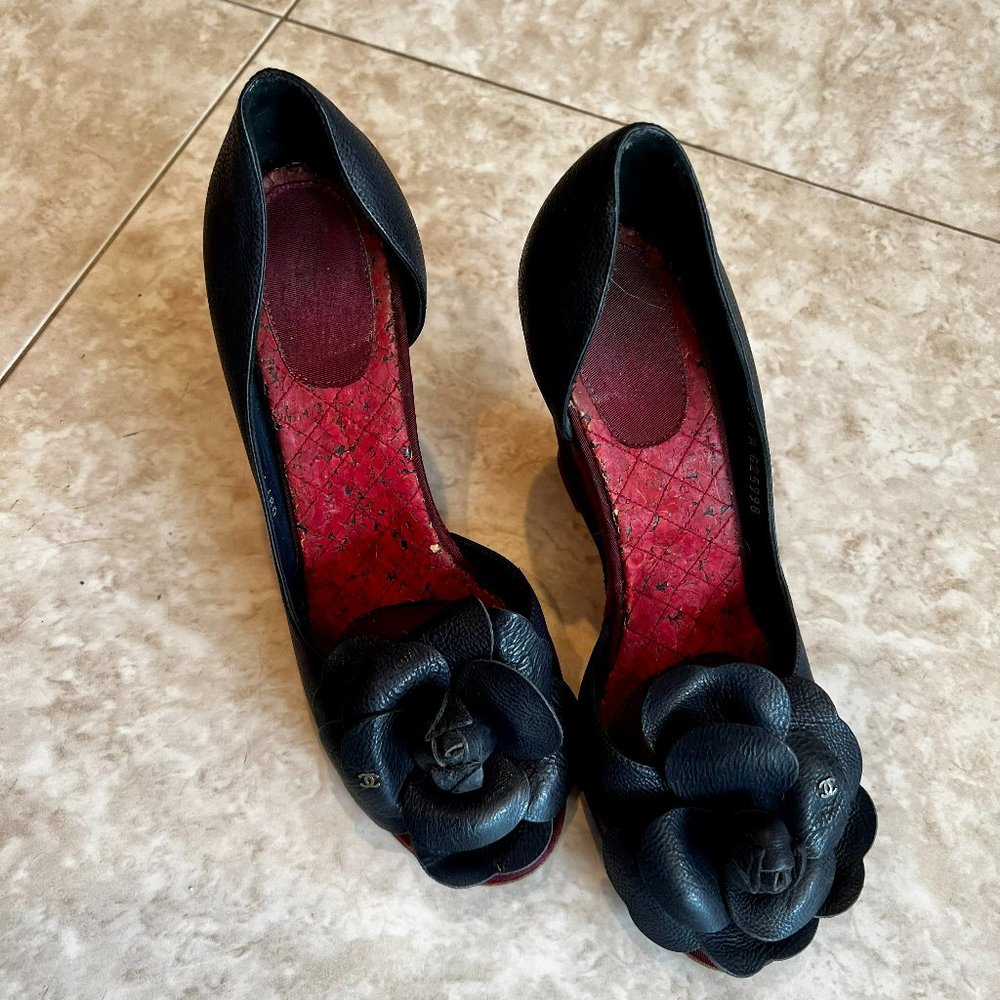 Chanel Camellia Flower Wedge Sandals, Black and Red Size 37 1/2 (Euro) 7 (US)